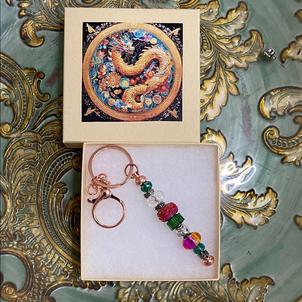 Colorful Beaded Keychain with Dragon Box